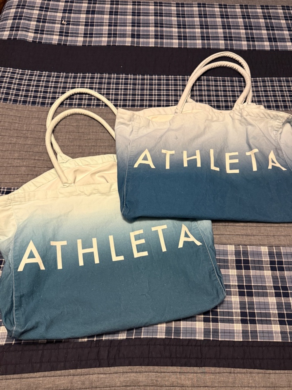Athleta Ombre Teal and White Canvas Totes Lot of two